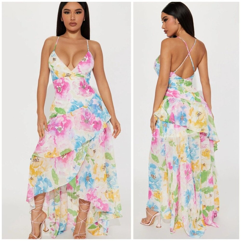 Fashionโ Nova White Combo Aloha Floral Maxi Dress Sleeveless Ruffled Size XS NWT